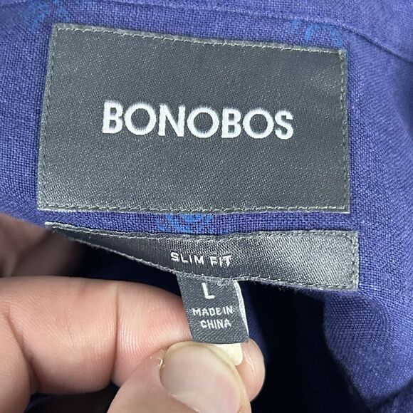 Bonobos Large Slim Fit Shirt 100% Linen Blue Floral Palm Tree Button Front - Picture 3 of 5